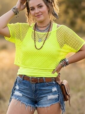 Neon Yellow Mesh Crop Top & Tank Set XXL Y2K Style Festival Rave Clubwear